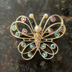 Emmons Butterfly Brooch Pin Gold Tone Signed Multicolor AB Rhinestone Vtg 2.5"